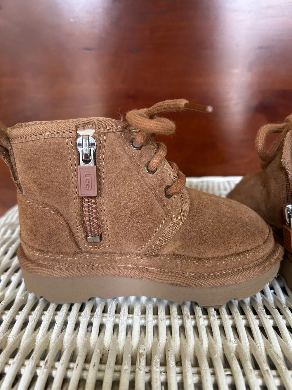 UGG Kids Chestnut Suede Lace-Up Booties with Side Zipper. Neumel  II